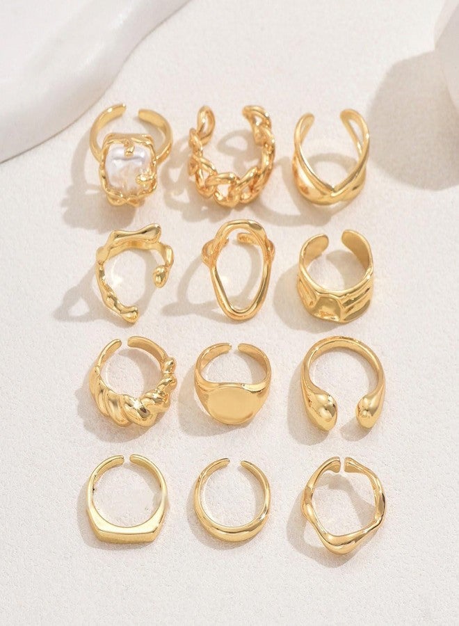 PINCHUAN Chunky Gold Rings for Women Vintage Chunky Gold Ring Adjustable Stackable Thick Band Knuckle & Midi Rings Mixed Size Gold Ring Set Jewelry-12PCS - Image 5